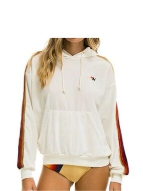 Aviator Nation Cream Velvet Hoodie with Multi-Stripe Sleeve Accent size small